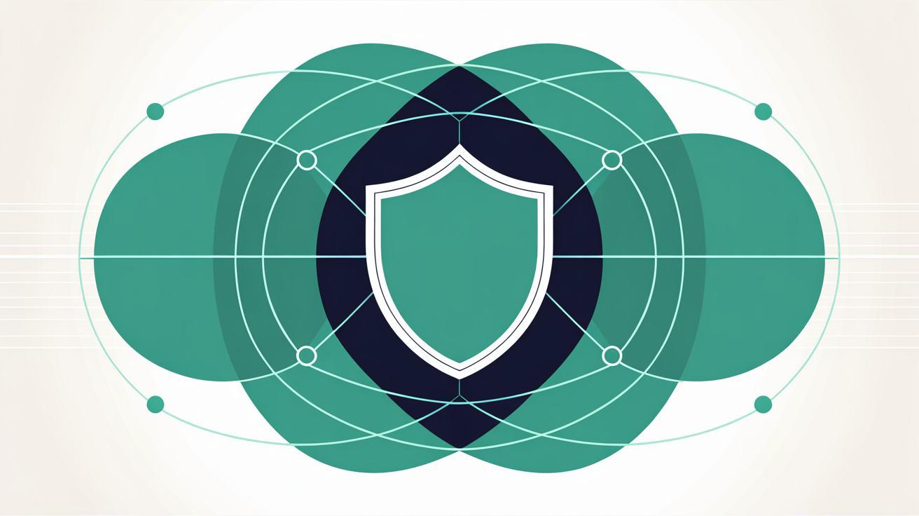 Abstract illustration of a padlock connected to overlapping shield shapes representing layered security requirements