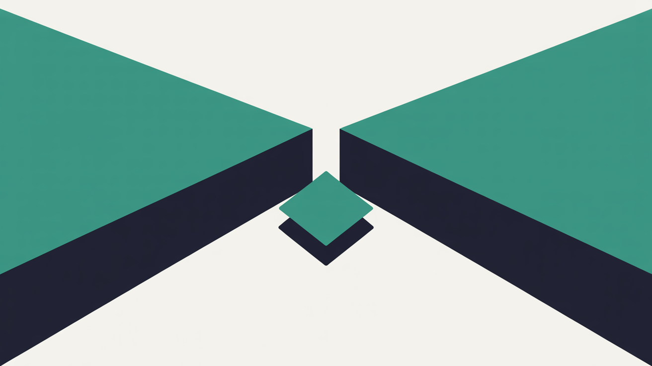 Two large triangular shapes pressing inward from either side towards a single small square held in the gap between them