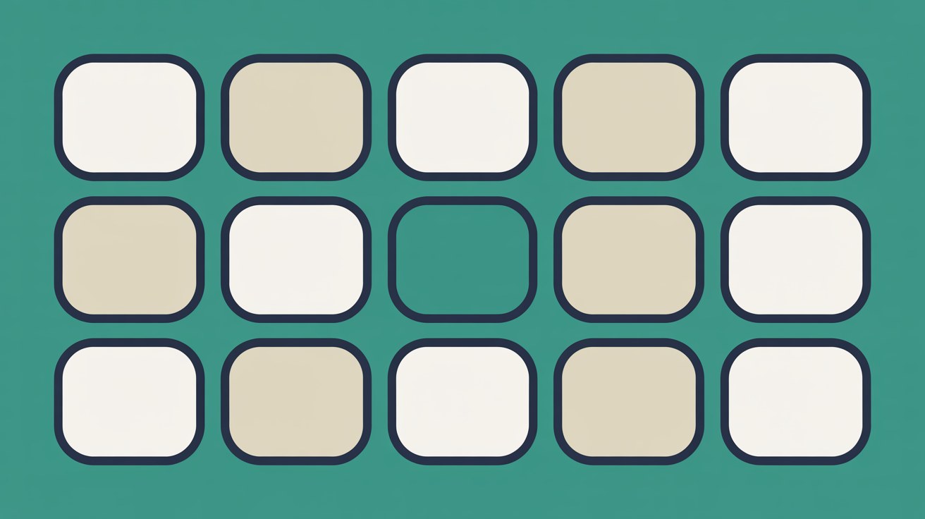 Grid of identical pale rounded tiles on a teal background with one tile left blank