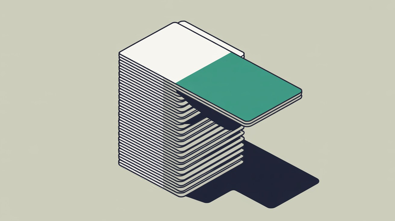 Flat illustration of a tall stack of identical pale sheets with a single teal sheet lifted clear of the stack