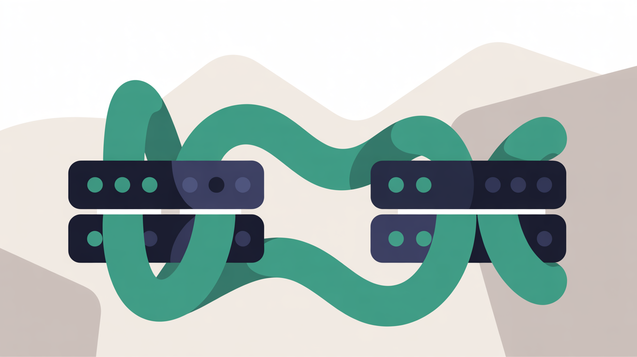 Abstract illustration of a website smoothly transitioning between two connected server environments with teal connection lines on warm grey background