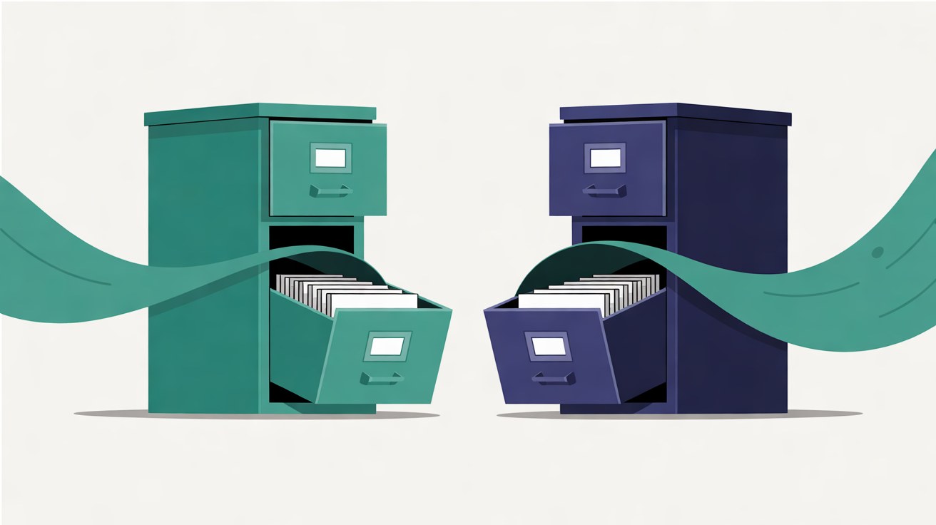 A teal filing cabinet and a navy filing cabinet with open drawers of blank cards, linked by a flowing teal ribbon on an off-white background