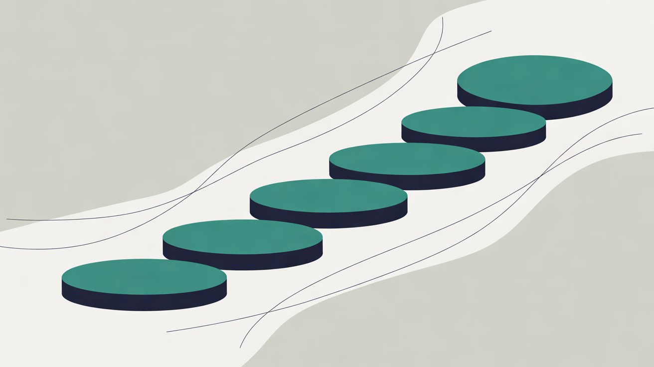 A row of teal stepping stones with navy edges rising in a gentle diagonal across a warm grey background, crossed by thin flowing lines