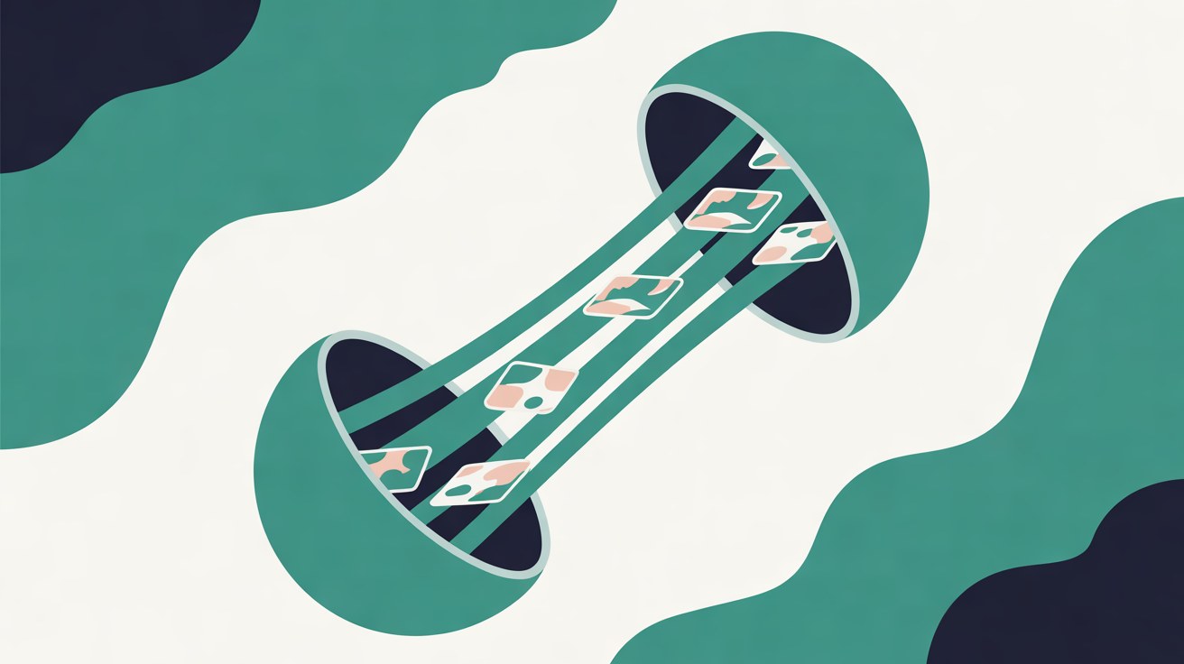 Two teal half-domes joined by a striped tube with small cards travelling between them, set against wavy teal and navy shapes on an off-white background