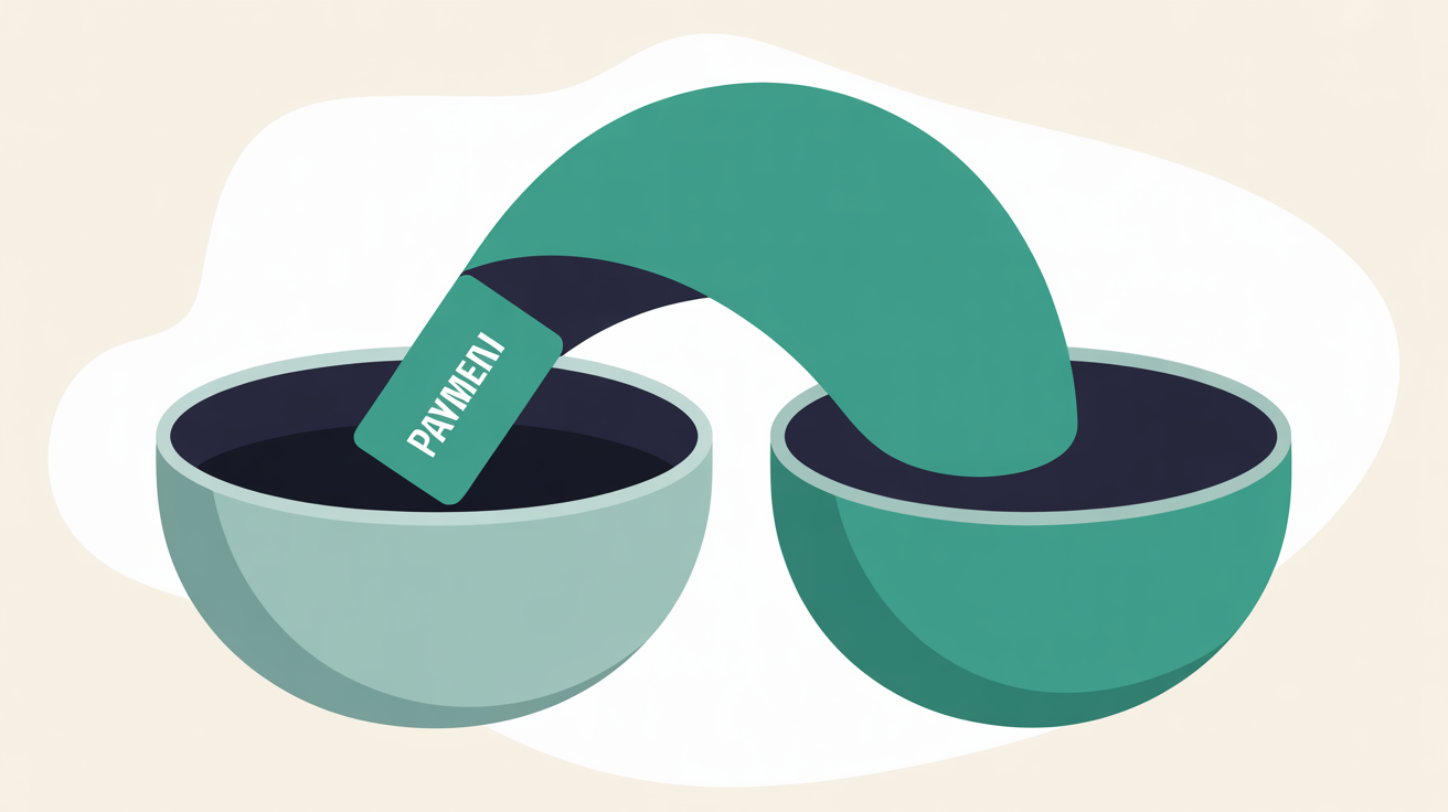 Flat abstract illustration of a payment shape moving along a single unbroken path into one container, in teal and warm grey on an off-white background