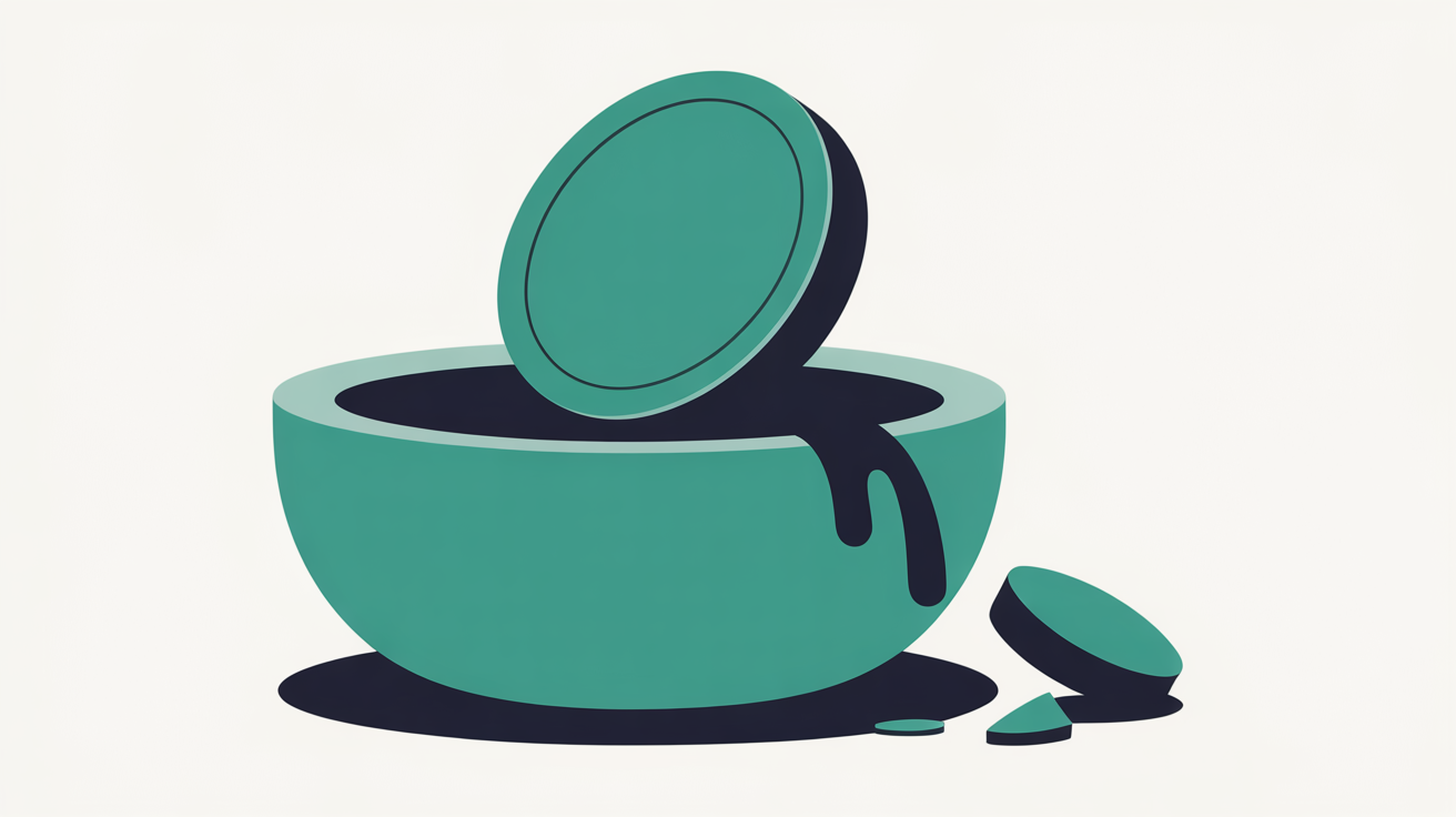 Flat abstract illustration of a single payment shape flowing directly into one rounded container, with smaller fee fragments breaking away, in teal and warm grey on an off-white background