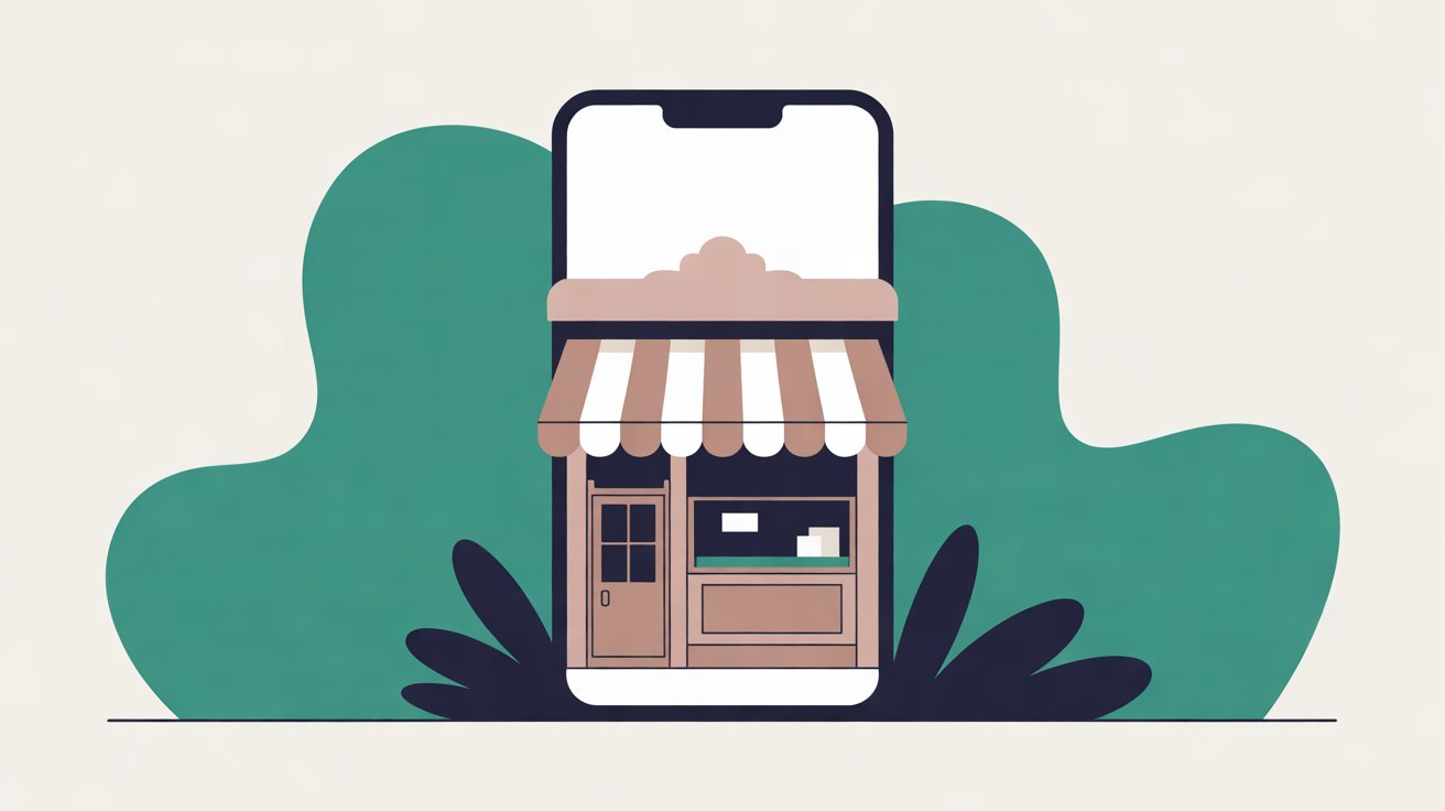 Flat illustration of a small shopfront with a striped awning framed inside a smartphone outline, teal shapes on warm grey