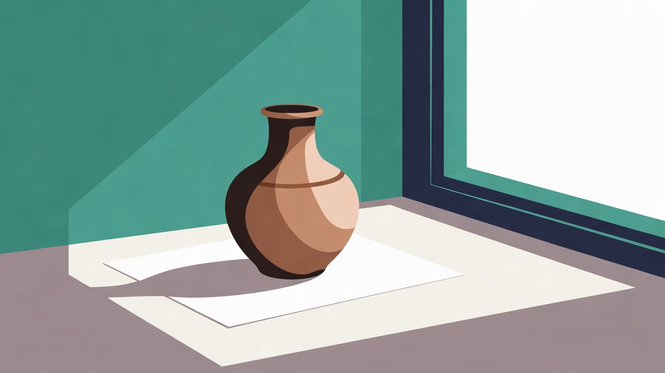 Flat illustration of a ceramic vase standing on white card beside a bright window, with a teal wall behind