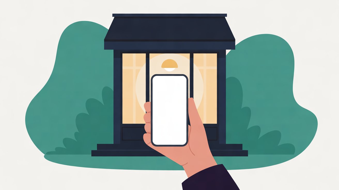 Flat illustration of a hand holding up a smartphone in front of a small shopfront with warmly lit windows and teal foliage behind