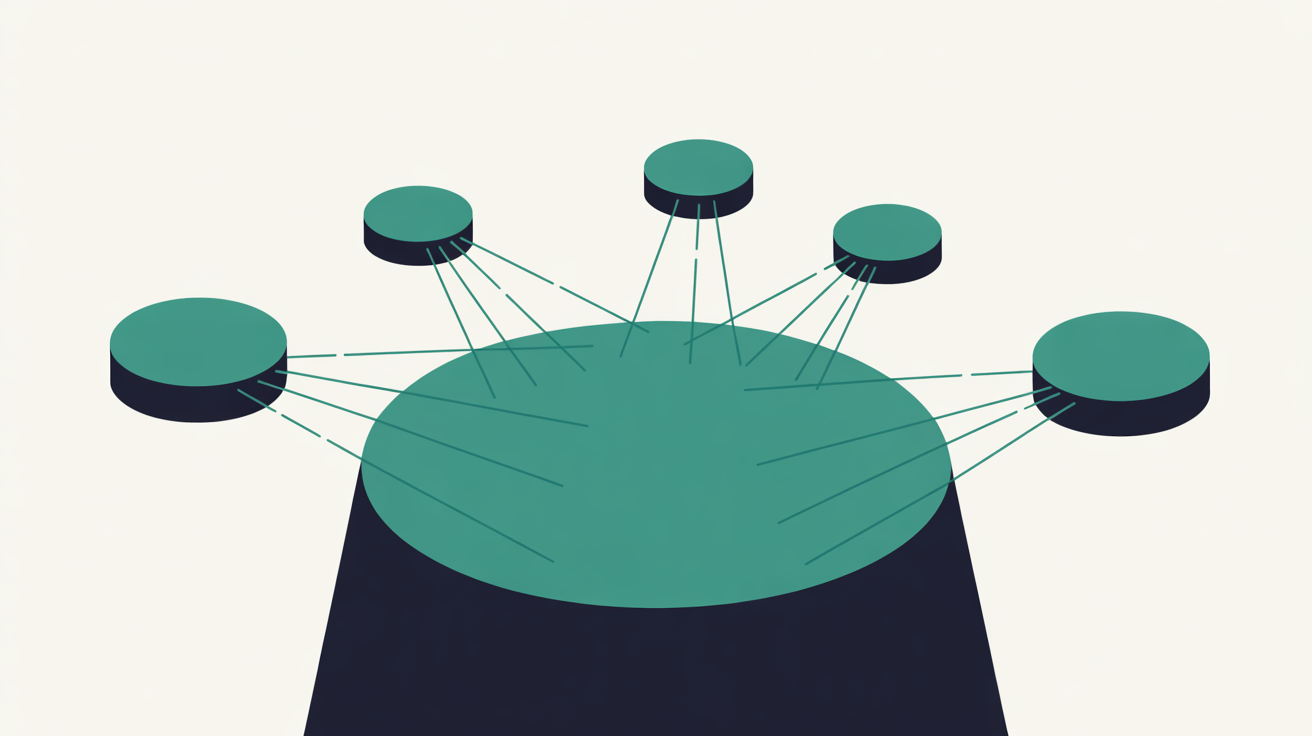 Abstract flat illustration of several small disconnected nodes hovering at a distance from a central clean shape, thin faint teal lines reaching out to them