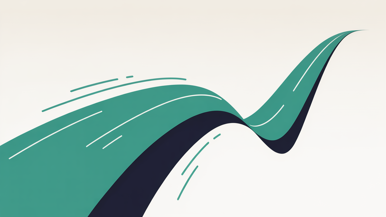 Flat minimal illustration of one clean teal line flowing and accelerating upward, free and unobstructed, on a warm grey background