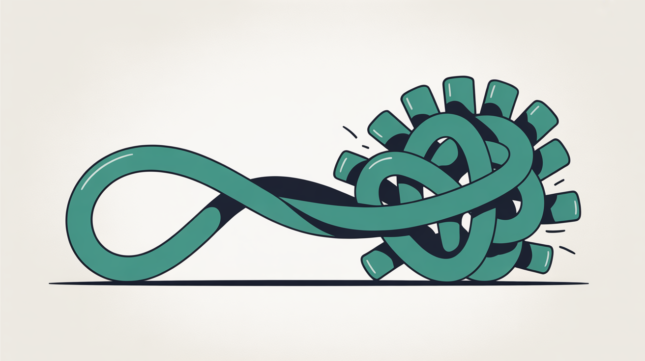 Flat abstract illustration of a single smooth teal line tangled and weighed down by many small scattered geometric shapes, on a warm stone grey background