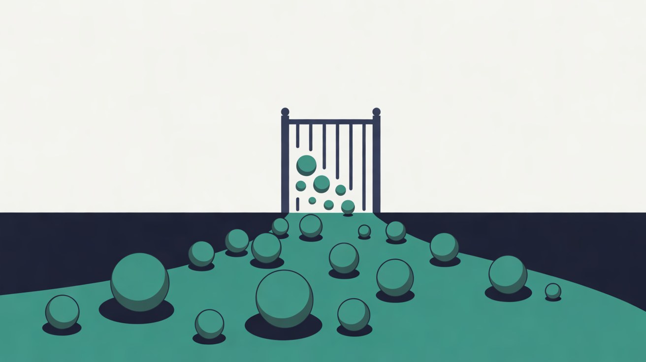 Flat illustration of many teal spheres gathered in front of a narrow railed gate, with only a few passing through, on a warm grey and navy background