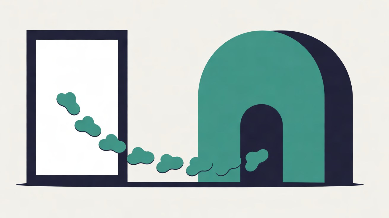 Flat illustration of small abstract shapes travelling along a teal path from a tall rectangular frame into a solid rounded building with an open doorway, on a warm grey background