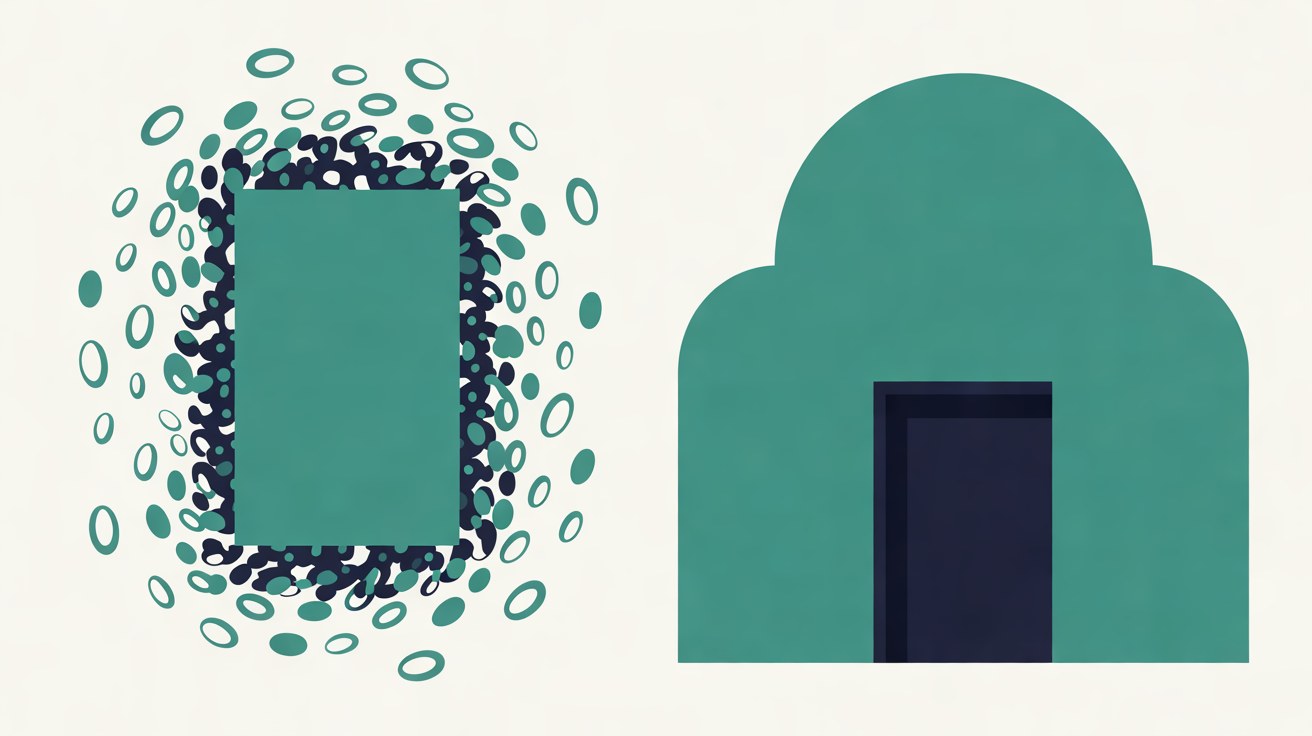 Flat illustration split in two, a teal rectangle ringed by a busy swirl of small circles on the left and a calm rounded teal building with a navy doorway on the right, on an off-white background