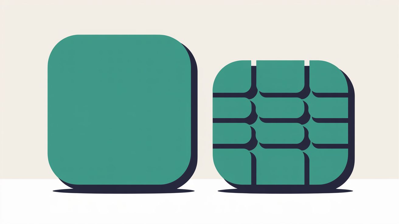 Two teal panels of different sizes sitting side by side on a warm grey background, one plain and one divided into rows