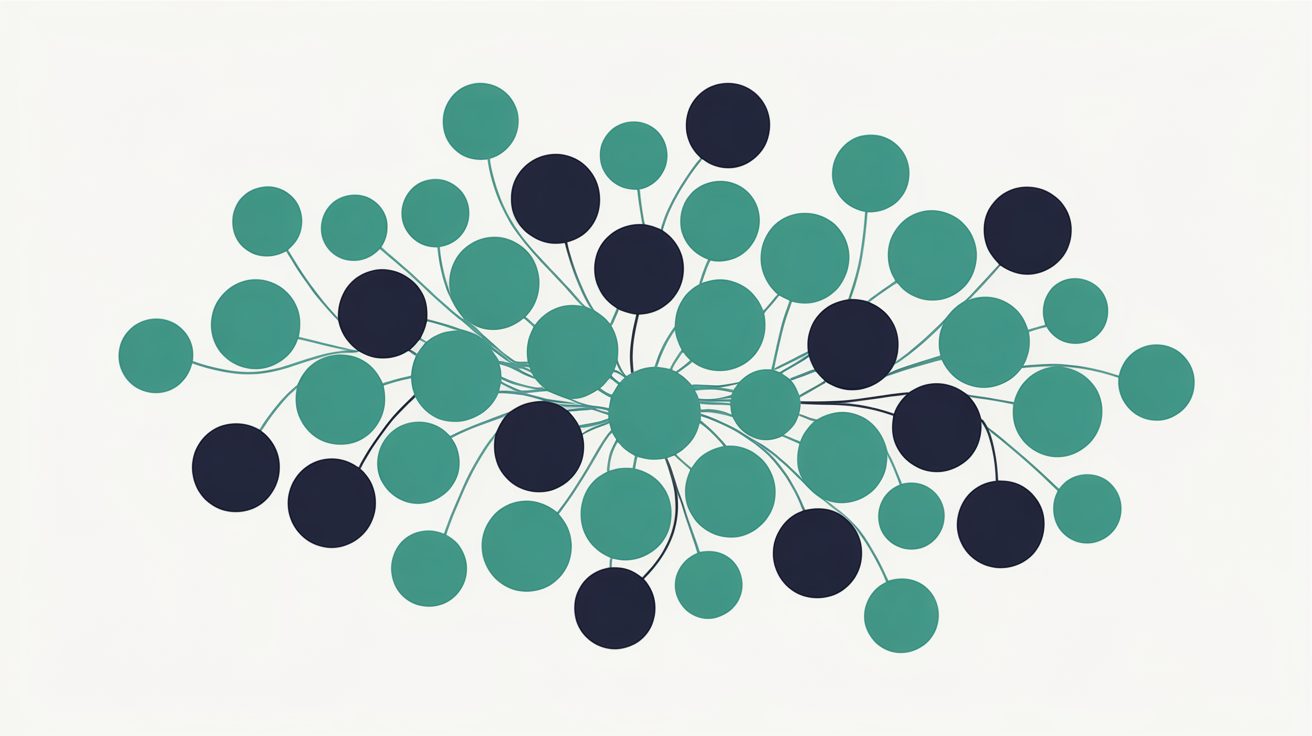Cluster of teal and deep navy circles of varying sizes fanning out from a central point on thin curved lines, on a warm off-white field