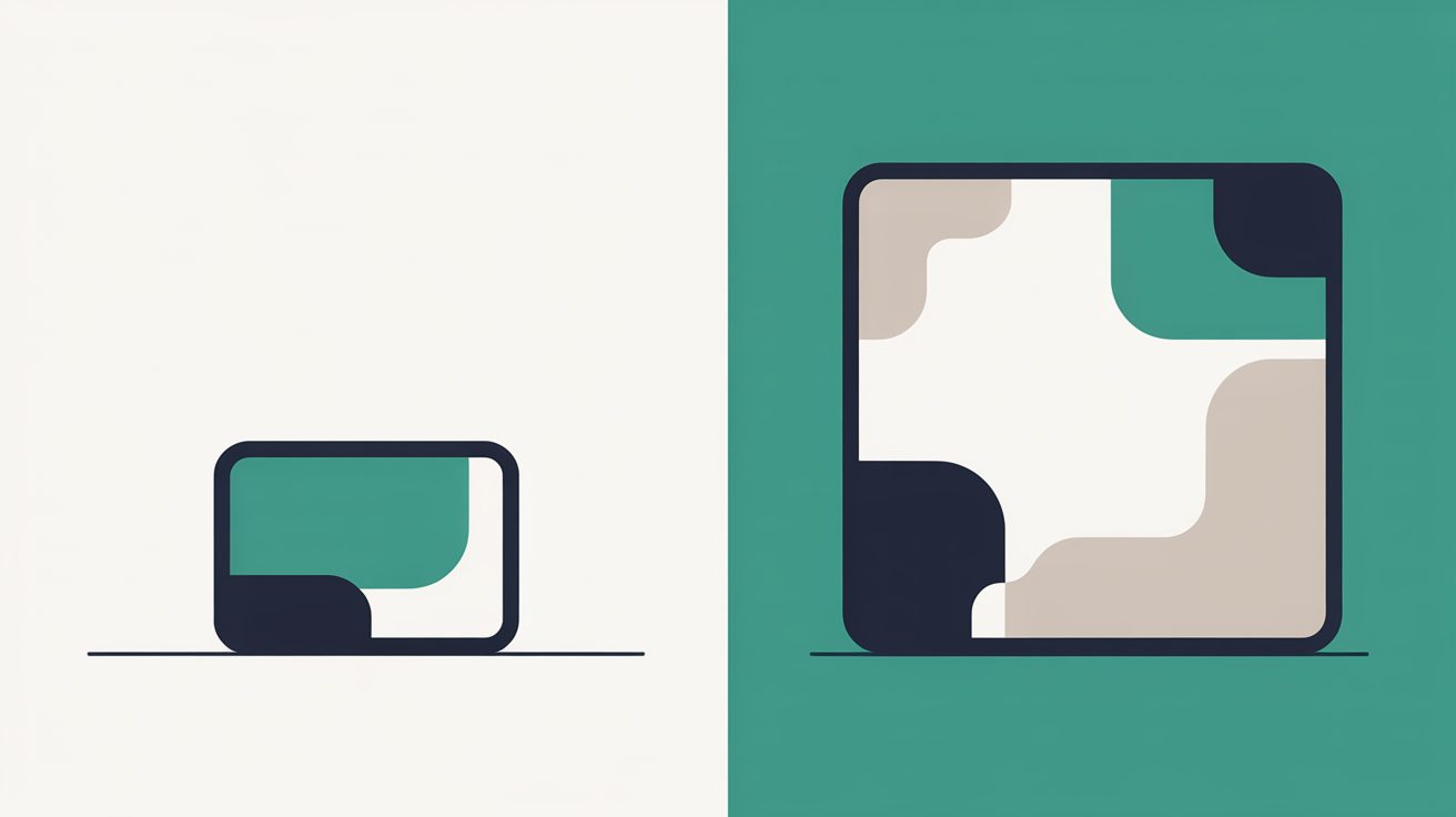Flat illustration split into two zones, a small rounded rectangle standing on an off-white field beside a much larger rounded square standing on a teal field