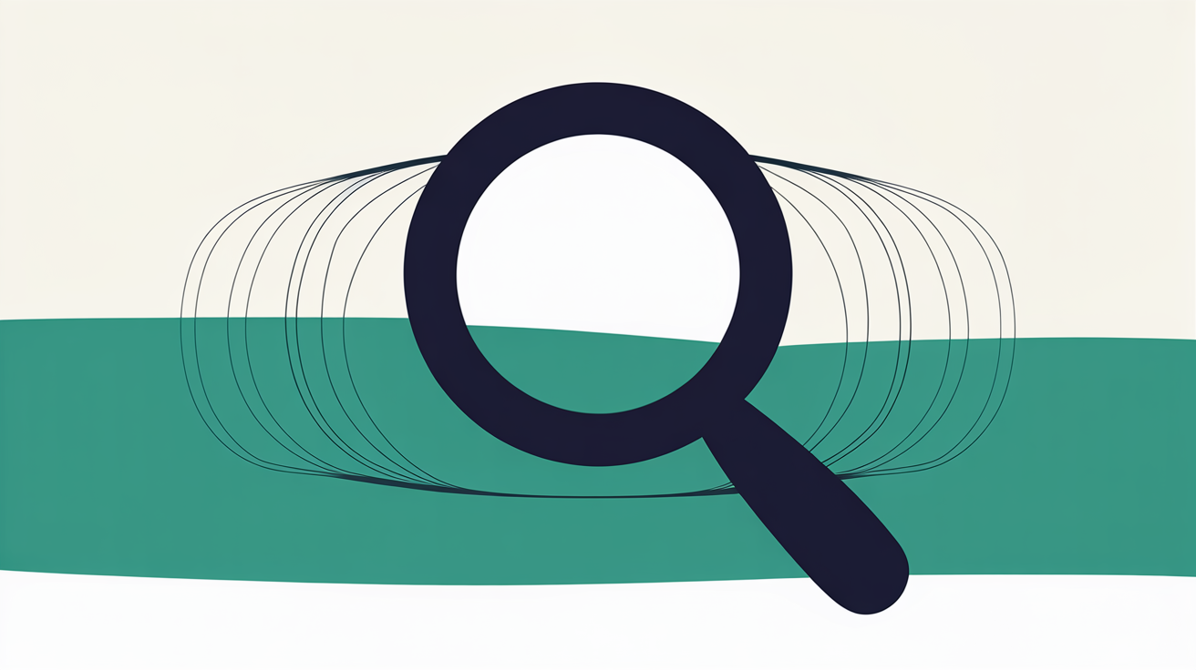 Flat illustration of a magnifying glass over a single line of text that stands out from a faded block, suggesting a rewritten search listing being noticed