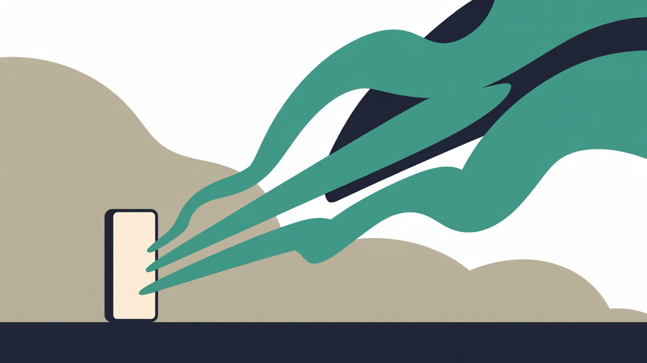 Abstract teal lines accelerating upward and to the right above a minimal phone silhouette on a warm stone background