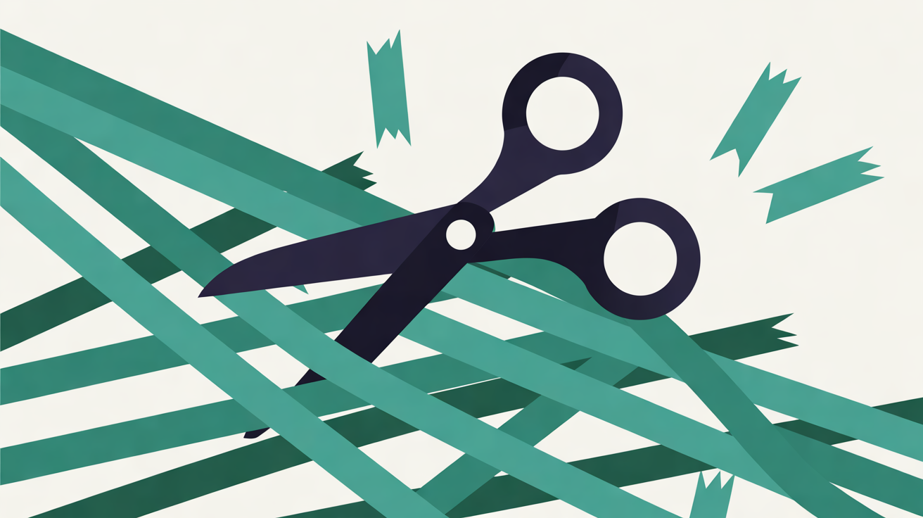 Navy scissors cutting through a web of teal ribbons on an off-white background, with cut pieces falling away