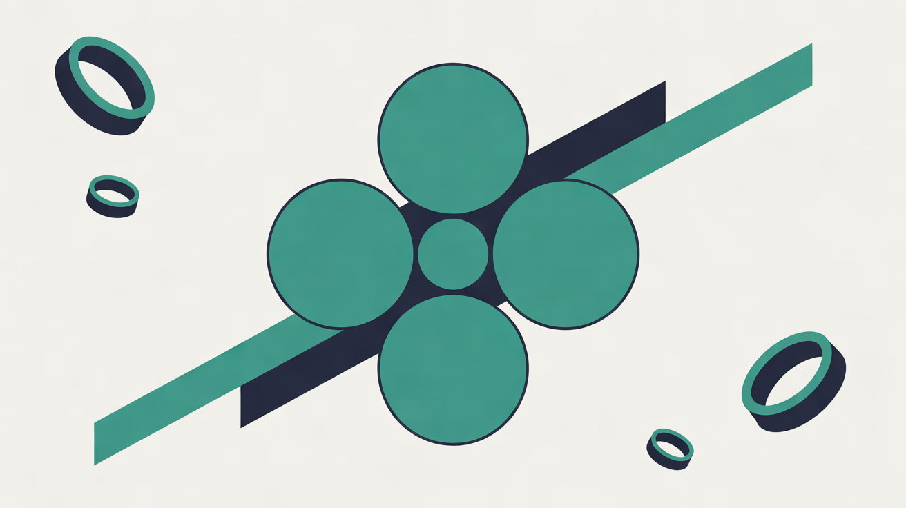 Four teal circles joined at the centre on a warm stone background, crossed by a diagonal teal and navy band, with small loose navy rings scattered at the edges