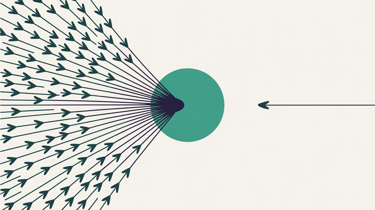 Many small arrows pointing inward toward a single circle with only one arrow travelling back out, suggesting an imbalance between requests in and referrals out