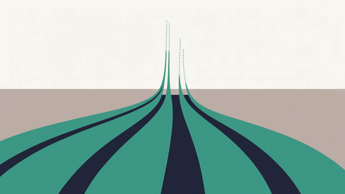 Flat illustration of teal lines converging upward, two of them fading into faint dotted traces before the top