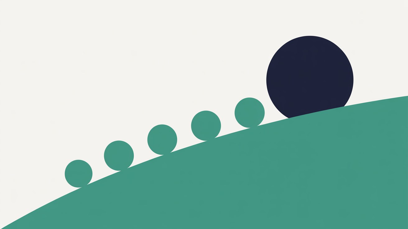 Flat illustration of five teal circles increasing in size along a rising teal slope, with one larger deep navy circle at the top, on an off-white background