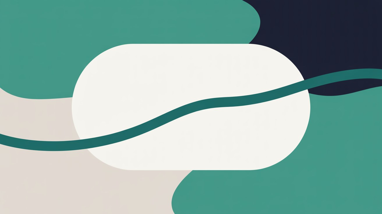 Flat illustration of an unbroken teal line flowing out of a rounded off-white rectangle and continuing past the edge of the frame on a warm grey background