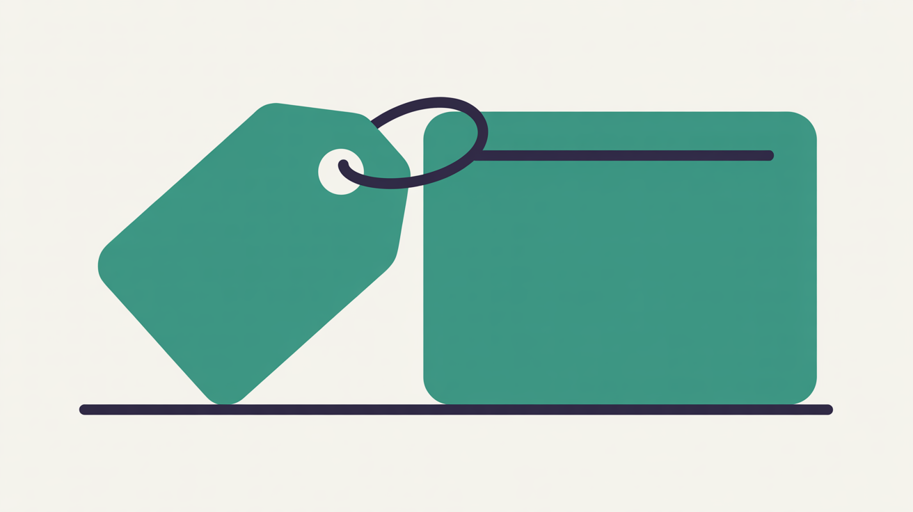 Flat illustration of a teal price tag looped onto a large rounded teal card against an off-white background, suggesting a price fixed to a product description