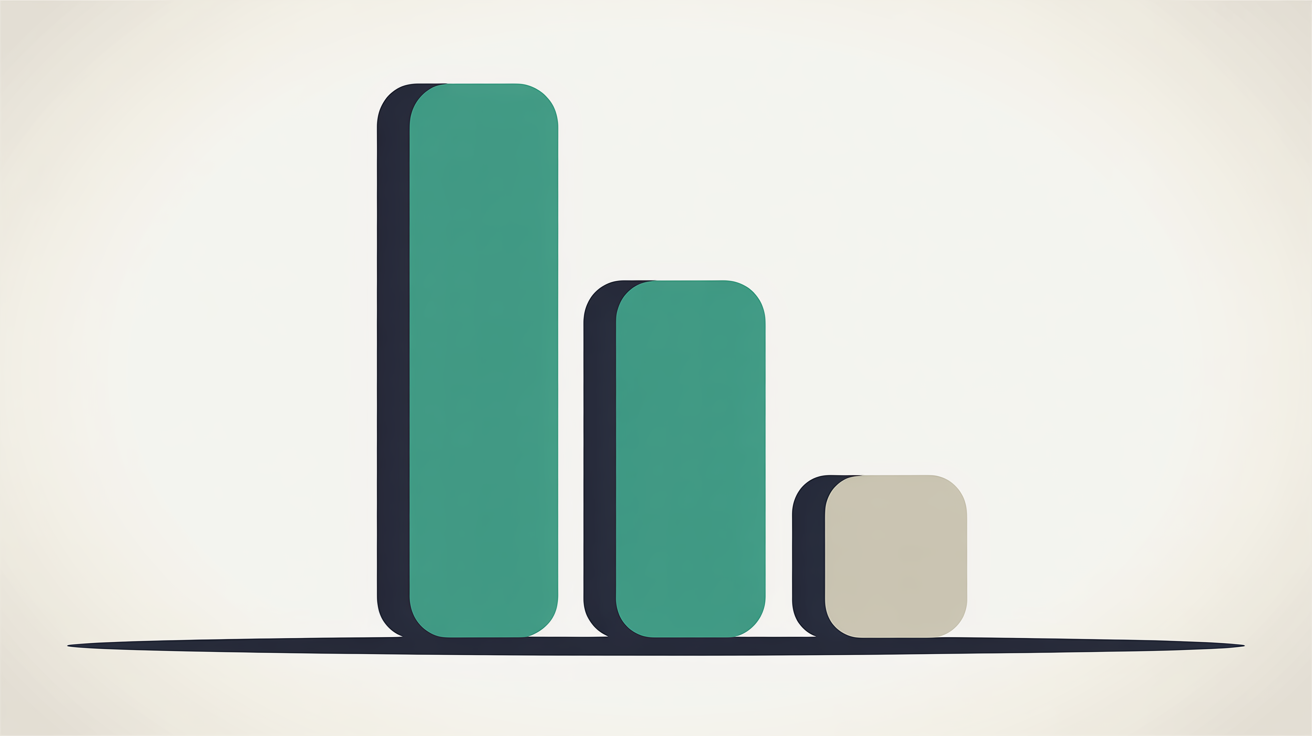 Minimal flat illustration of two teal bars of unequal height beside a small warm grey square, suggesting a like-for-like comparison of quantity and value