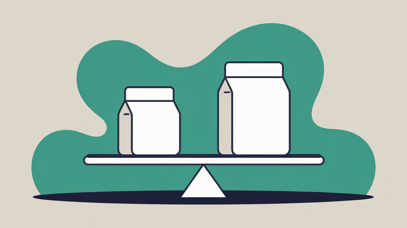 Flat illustration of two teal containers of different sizes resting on a balance beam against a warm grey background, suggesting price comparison by quantity