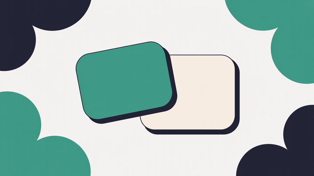 Flat illustration of a teal rounded card overlapping an off-white card, framed by large teal and navy rounded shapes on a pale background