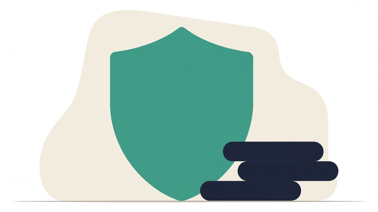 Flat illustration of a teal shield in front of an off-white rounded shape, with three navy bars stacked beside it