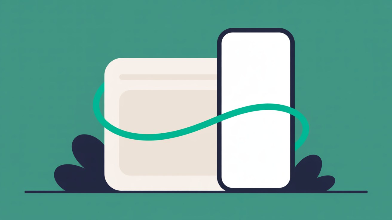 Flat illustration of a white smartphone outline standing in front of an off-white webpage card, joined by a curving teal line on a teal background