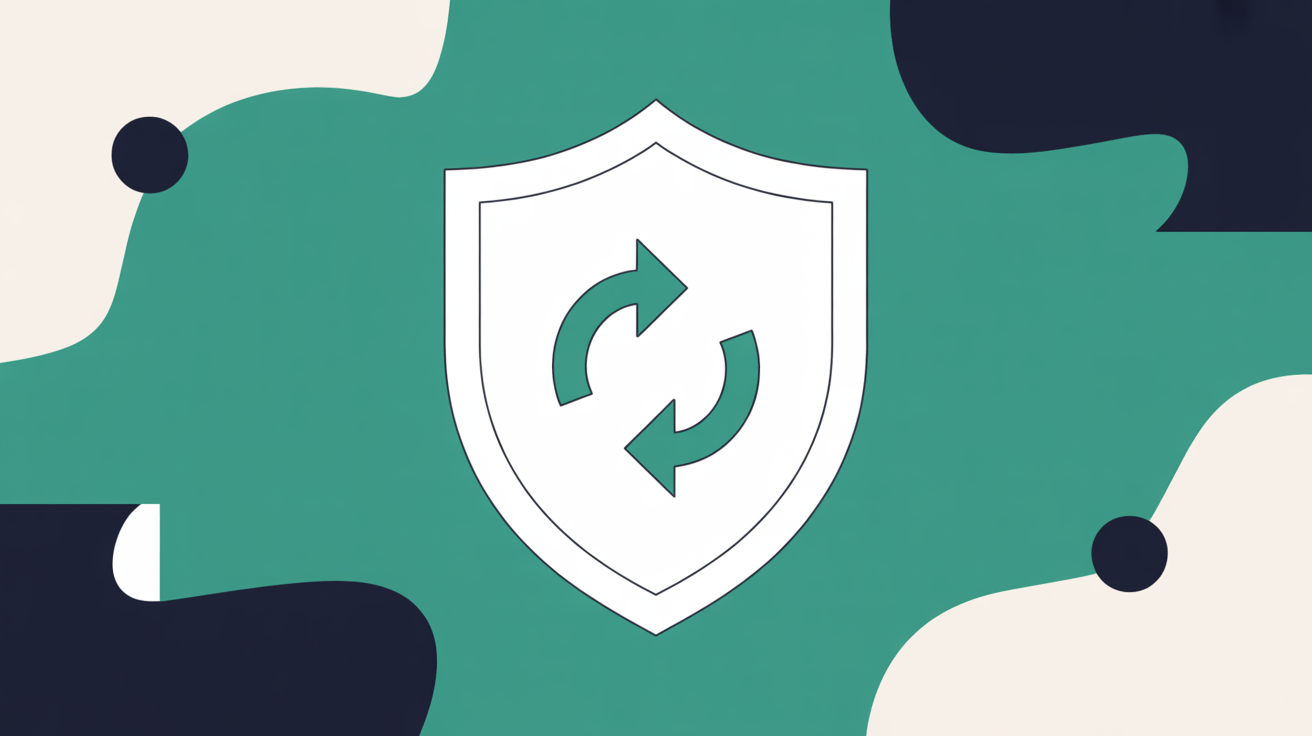 Abstract illustration of a shield protecting a website layout with a circular restore arrow, teal and warm grey tones