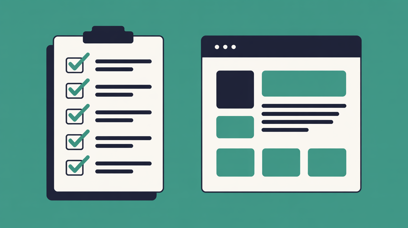 Flat illustration showing a checklist with completed items next to a simplified website layout, teal accents on warm grey