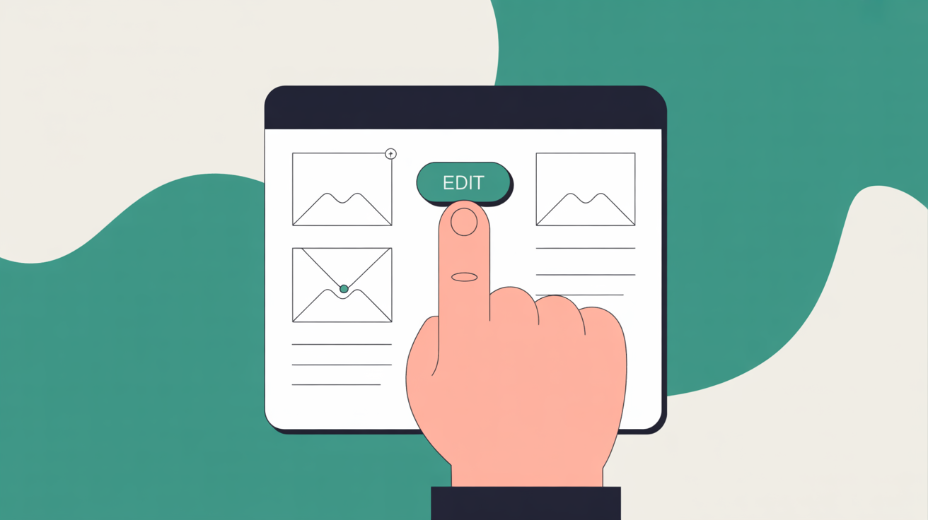 Flat illustration of a confident hand clicking an edit button on a website page layout with teal accents on warm grey background