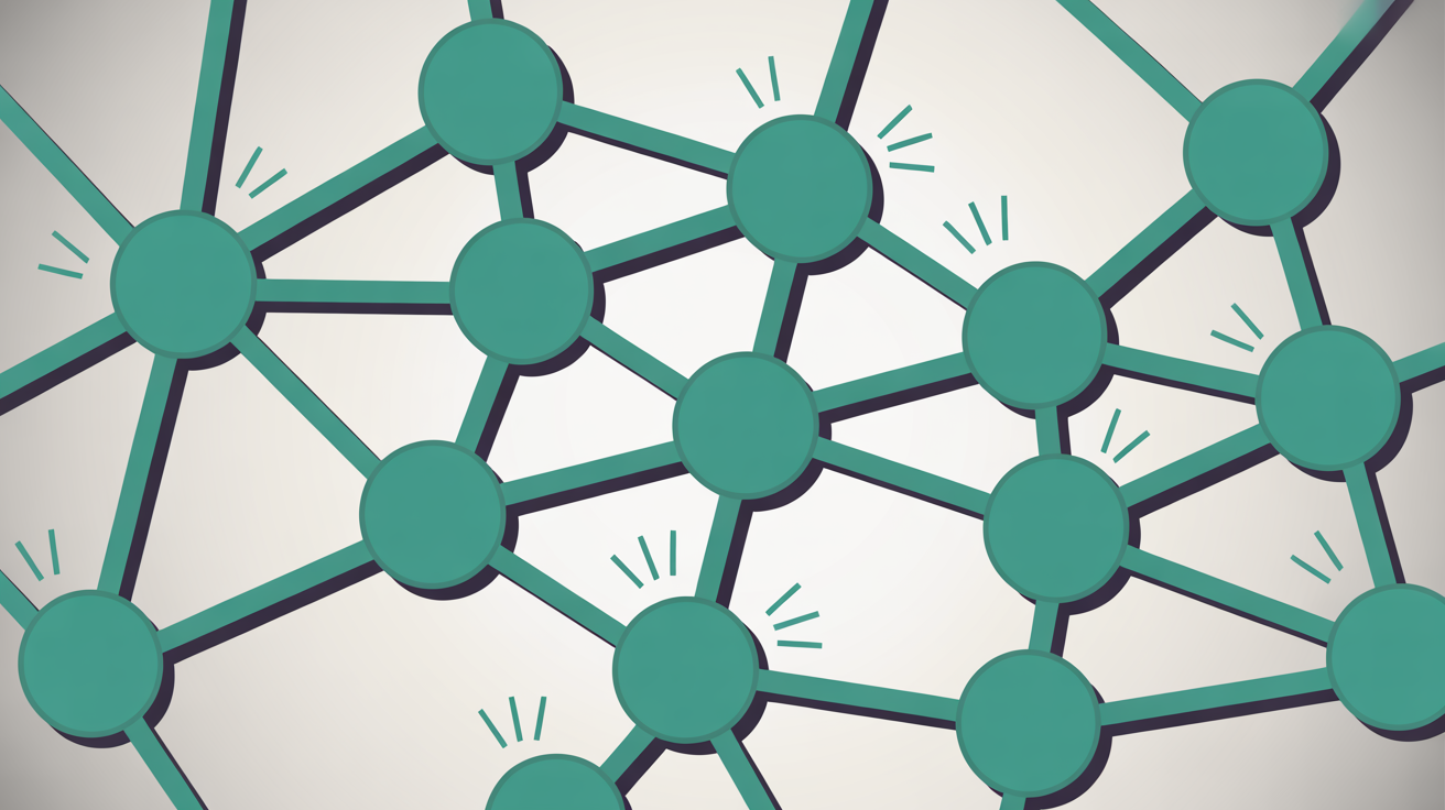 Abstract illustration of monitoring nodes connected by lines with alert signals flowing between them