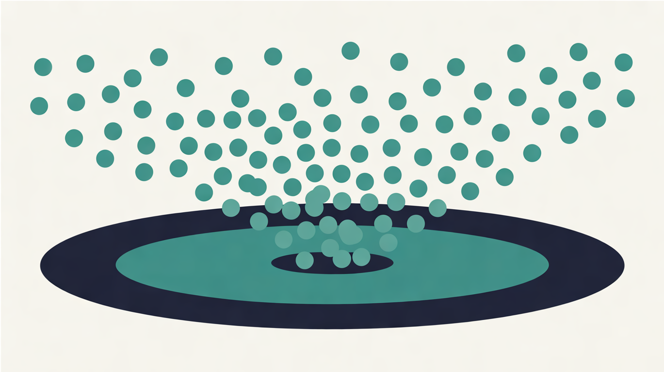 Flat illustration of dozens of teal dots falling from across the frame into one wide navy and teal oval basin, on a warm off-white background