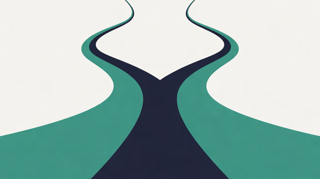 Flat illustration of a broad navy road edged in teal that forks into two curving branches, on a warm off-white background