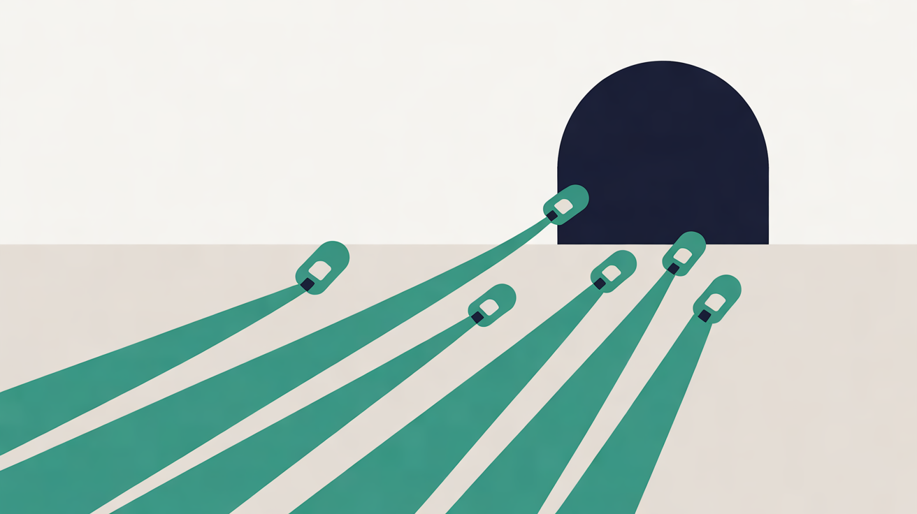 Flat illustration of six teal beams, each ending in a small tag-shaped marker, converging on a navy arched doorway against a warm stone and off-white background