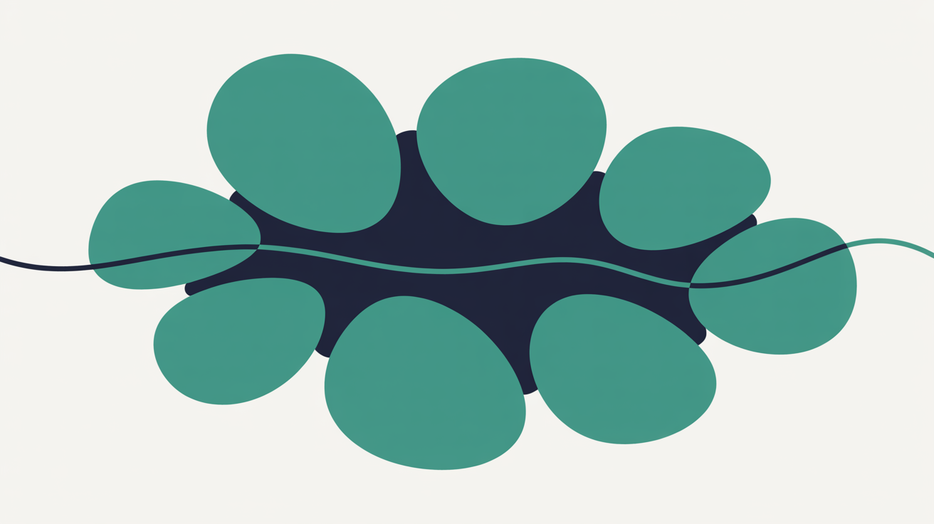 Single continuous teal line threading through a cluster of soft organic shapes on a warm grey background