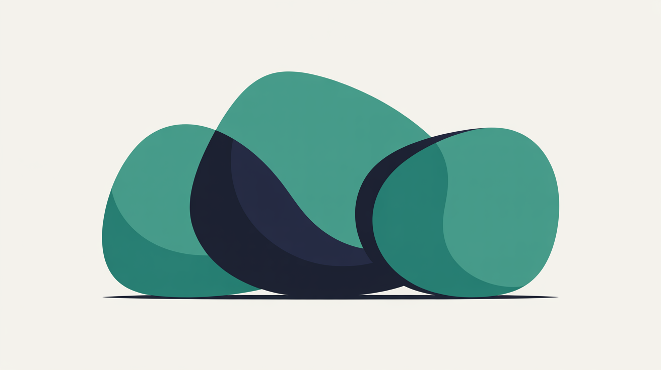 Overlapping translucent teal and navy rounded shapes settling into alignment on a warm off-white background