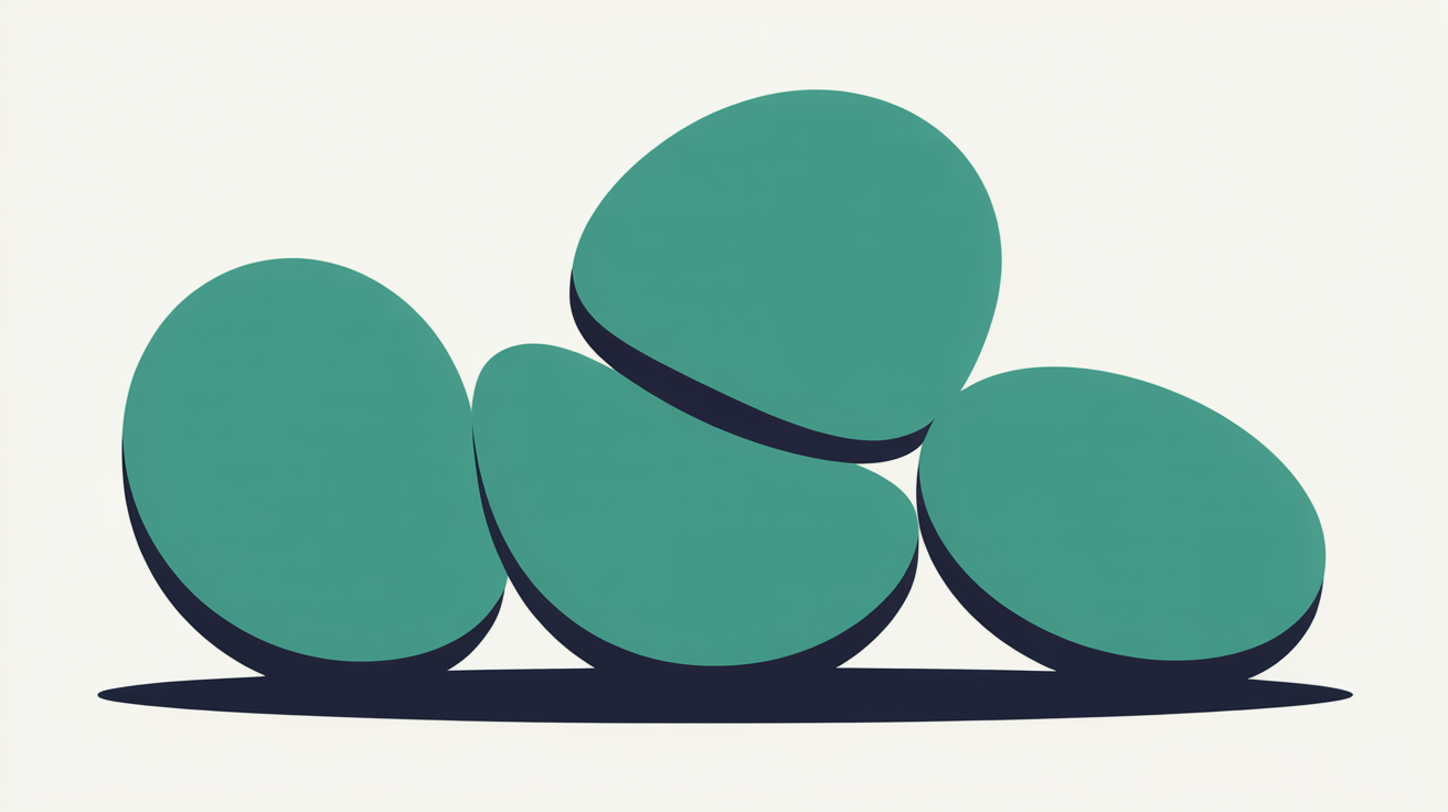 Flat illustration of soft teal rounded shapes shifting into a new arrangement on a warm off-white background