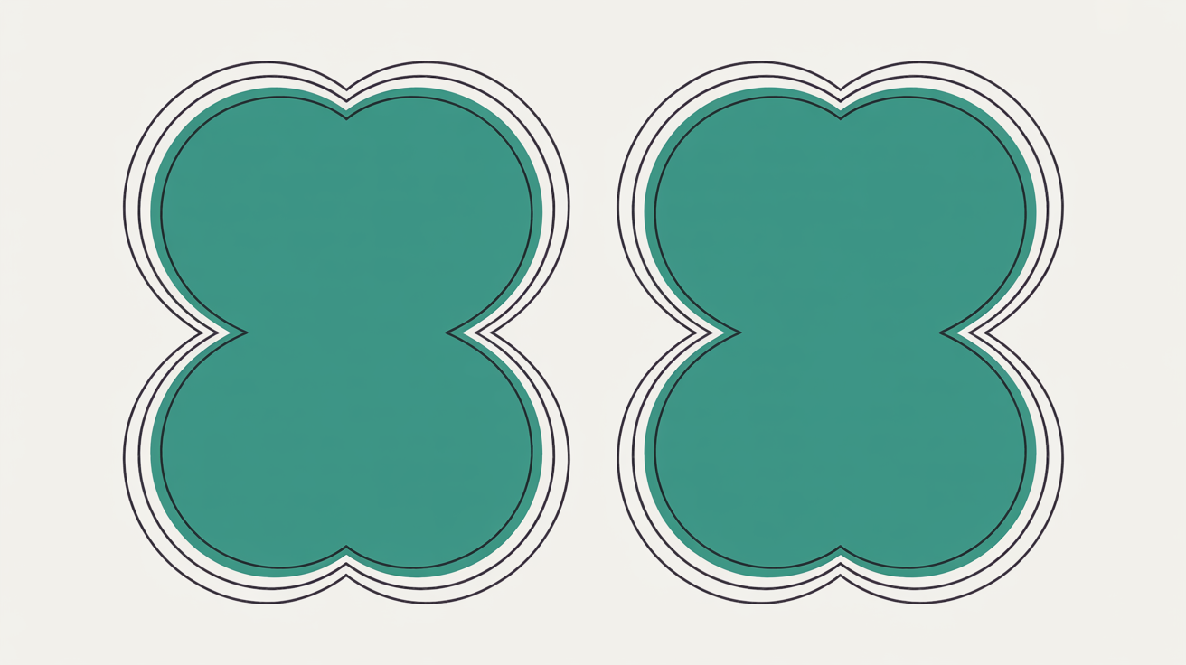 Two nearly identical teal shapes side by side on a warm grey background, one outlined slightly wider than the other