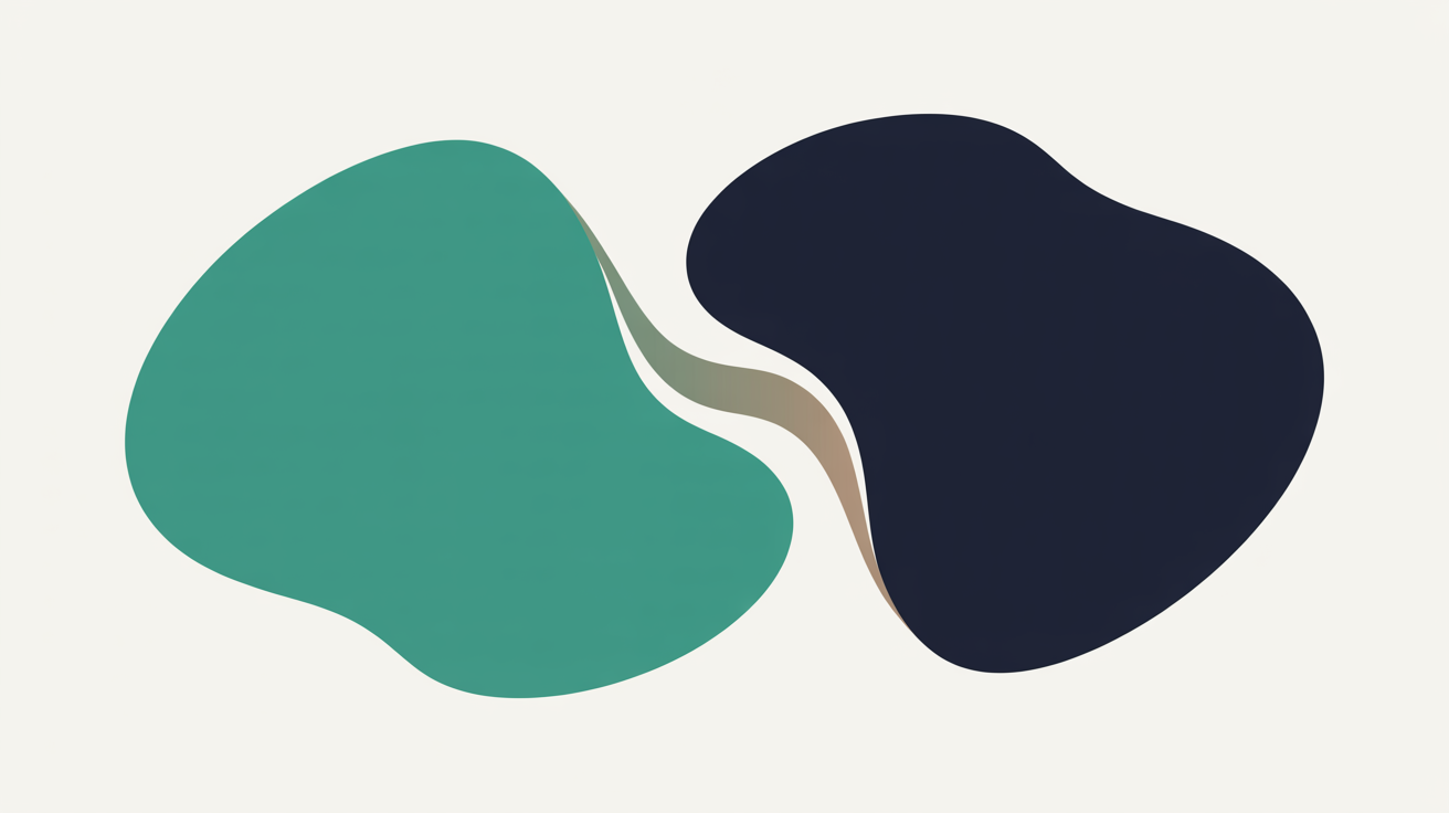 Flat illustration of a teal organic shape and a deep navy organic shape almost touching, with a thin sliver of background running between them