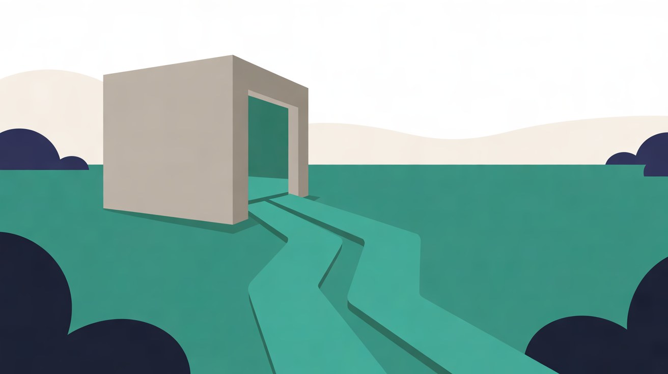 Flat illustration of teal pathways running out of an open grey block across a wide green landscape, with navy shrubs in the corners