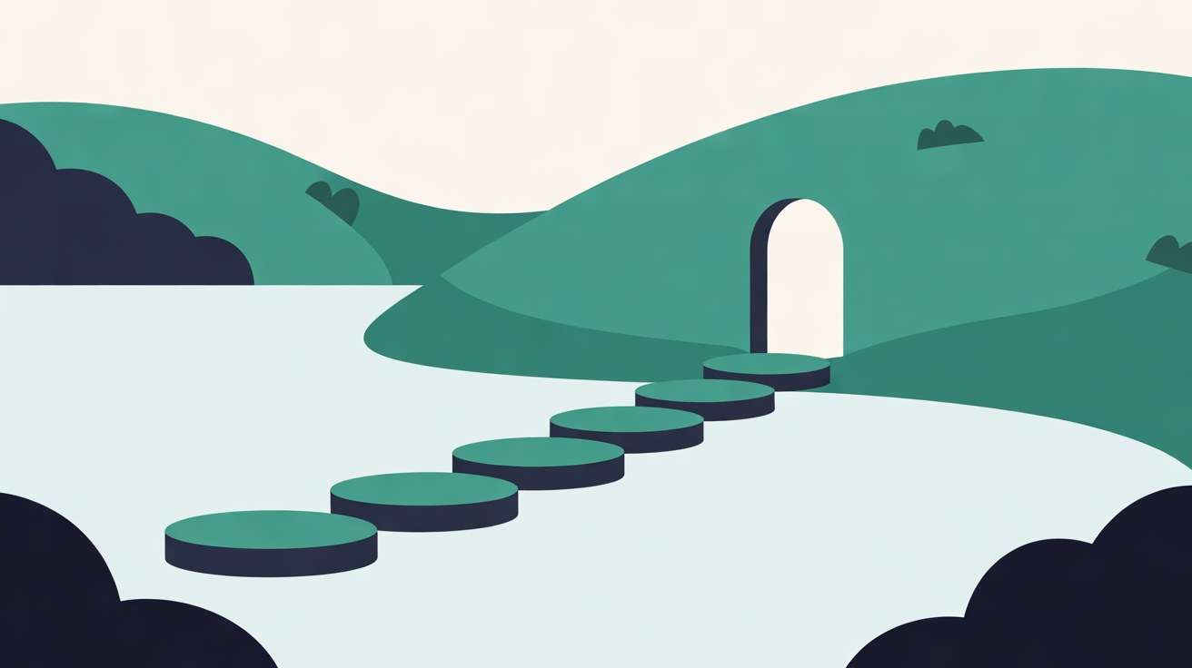 Flat illustration of teal stepping stones crossing pale water towards an arched doorway set into a green hillside